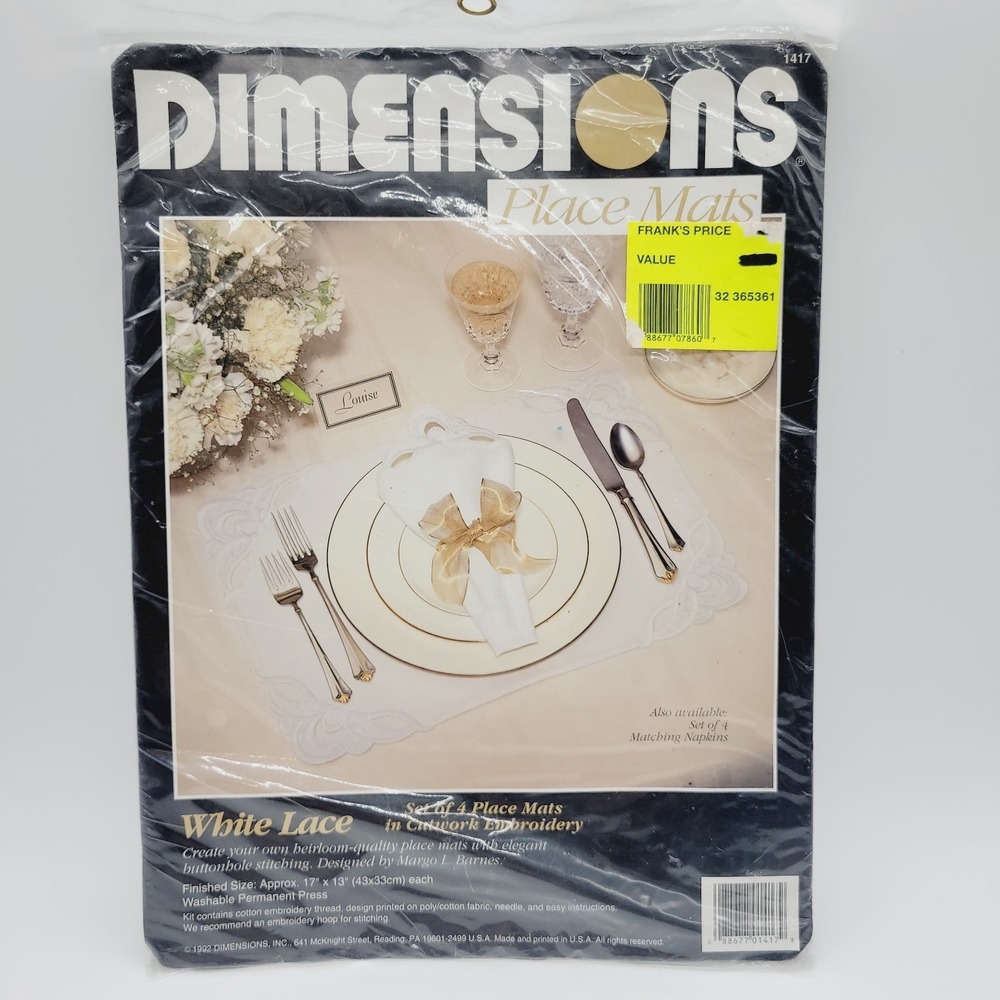 NEW 1992 Vintage Dimensions Place Mats White Lace Cutwork Embroidery Kit USA
